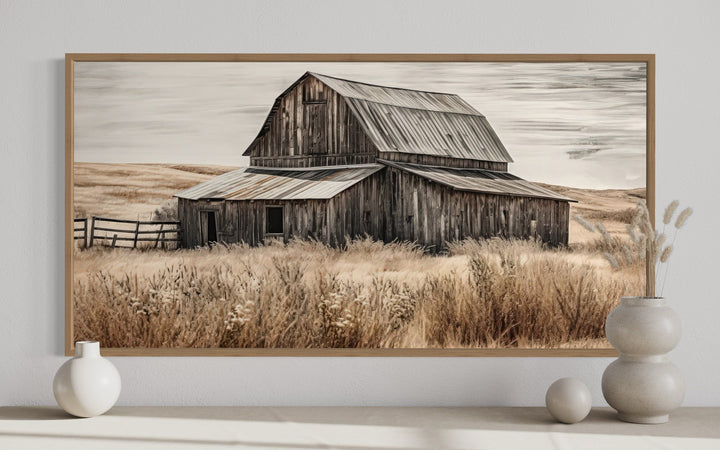 Rustic Chic Old Farm Barn Painting On Wood Framed Canvas Wall Art