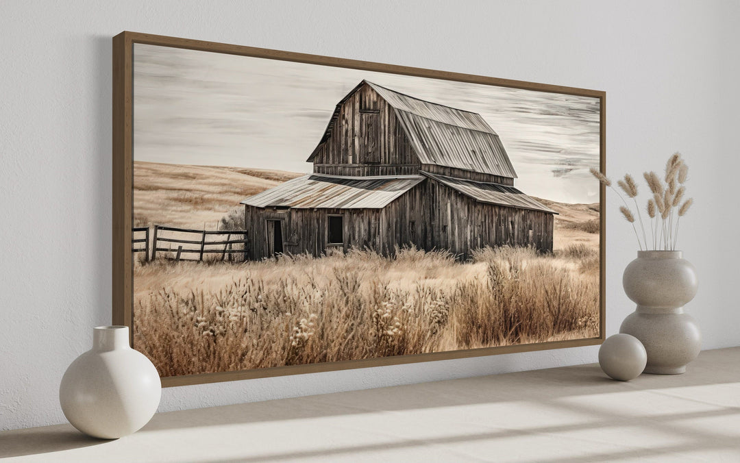 Rustic Chic Old Farm Barn Painting On Wood Framed Canvas Wall Art