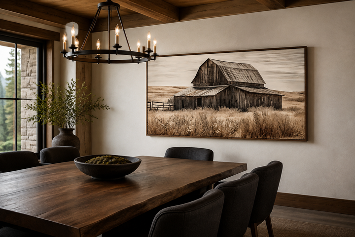 Rustic chic old farm barn painting on wood framed canvas wall art in a dining room setting.