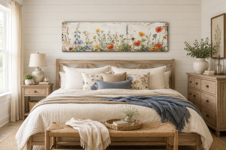 Long narrow farmhouse wall art featuring a colorful wildflower field over a rustic wooden bed.