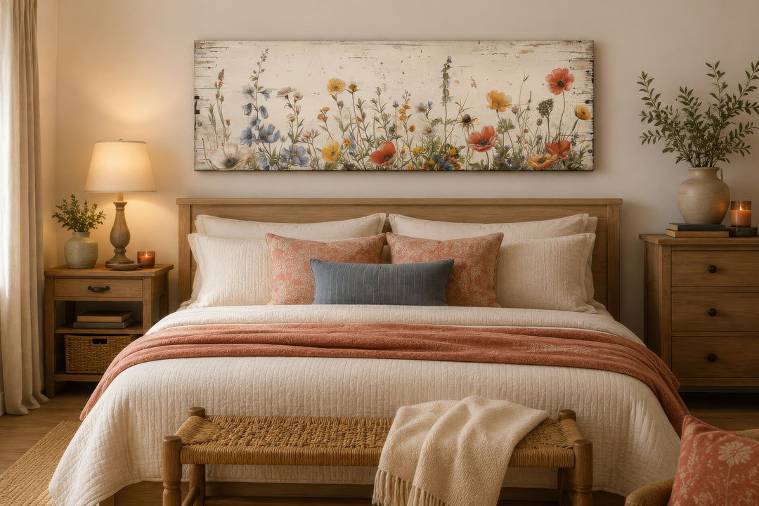 Rustic long narrow farmhouse wall art featuring a field of wildflowers over a bed.