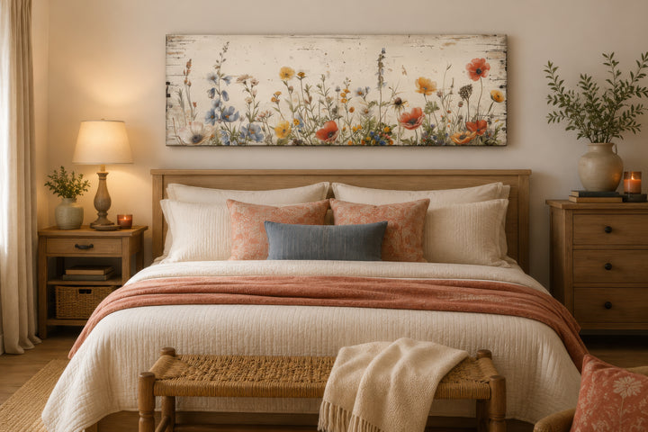 Rustic long narrow farmhouse wall art featuring a field of wildflowers over a bed.
