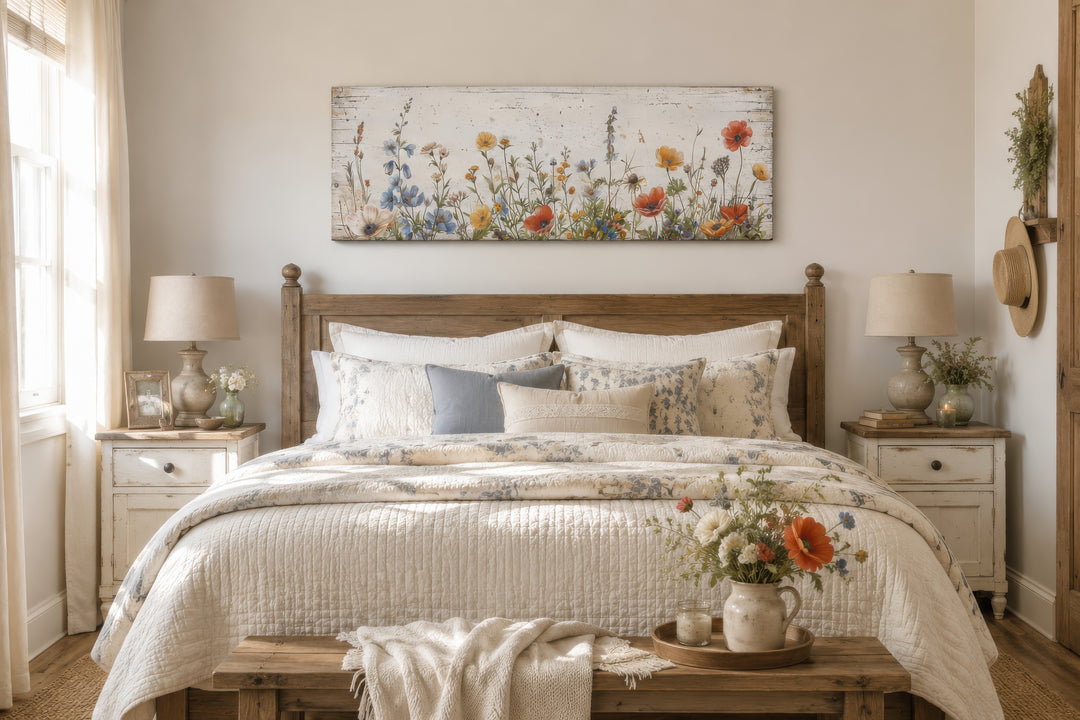 Long narrow farmhouse wall art featuring a field of wildflowers over a rustic wooden bed.