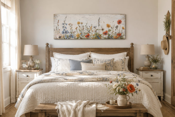 Long narrow farmhouse wall art featuring a field of wildflowers over a rustic wooden bed.