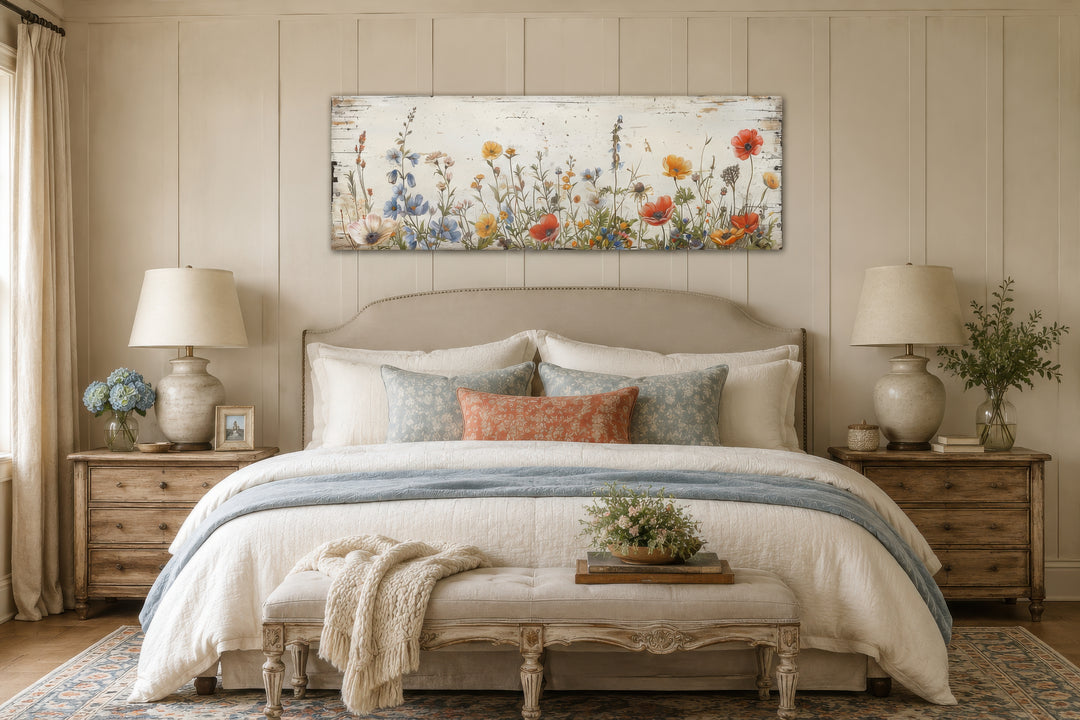 Rustic long narrow wall art featuring a field of wildflowers hanging over a farmhouse style bed.