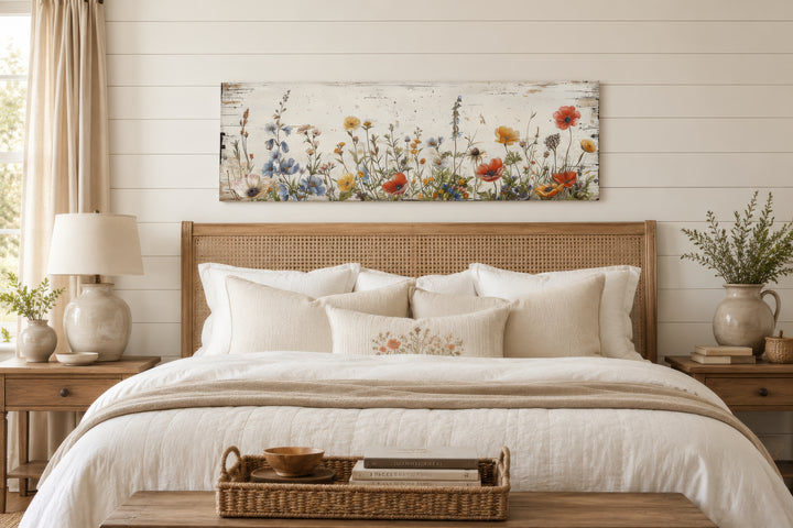 Long narrow farmhouse wall art featuring a colorful wildflower field over a rustic wooden bed.