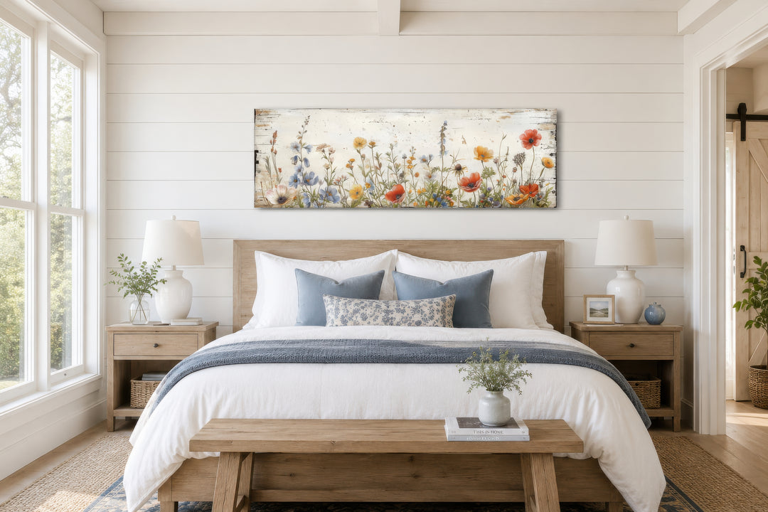 Rustic long narrow wall art featuring colorful wildflowers over a bed in a farmhouse bedroom.