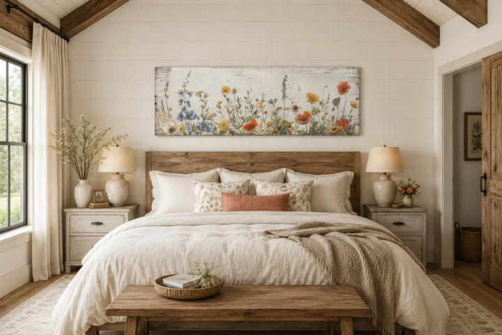 Long narrow farmhouse wall art featuring a field of wildflowers over a rustic wooden bed.