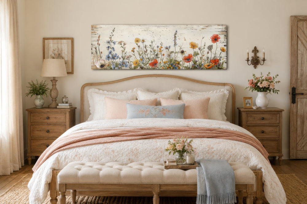 Long narrow farmhouse wall art featuring a colorful wildflower field over a rustic bed.
