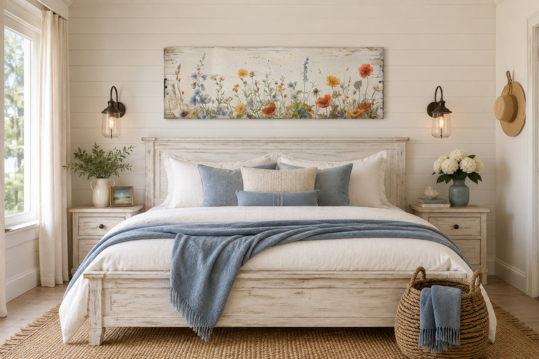 Rustic long narrow farmhouse wall art featuring a field of wildflowers over a white wooden bed.