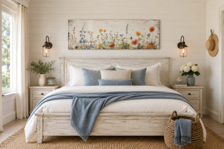 Rustic long narrow farmhouse wall art featuring a field of wildflowers over a white wooden bed.