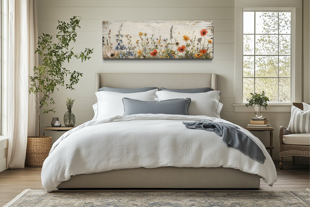 Rustic long narrow wall art featuring colorful wildflowers over a bed in a farmhouse bedroom.