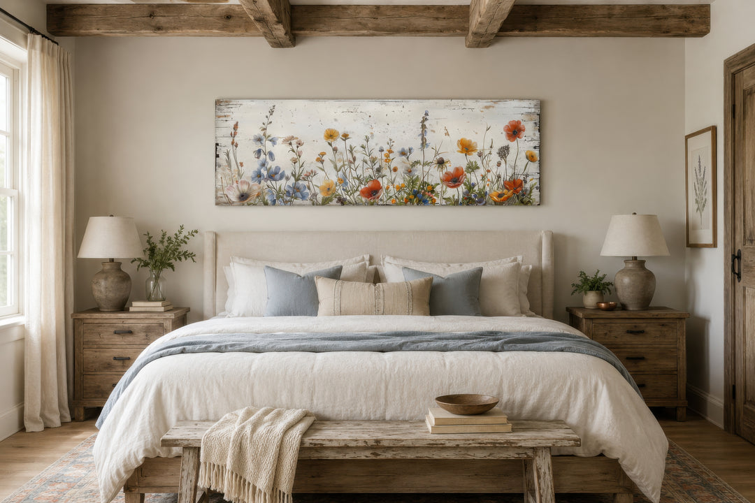 Long narrow farmhouse wall art featuring a colorful wildflower field over a rustic bed.