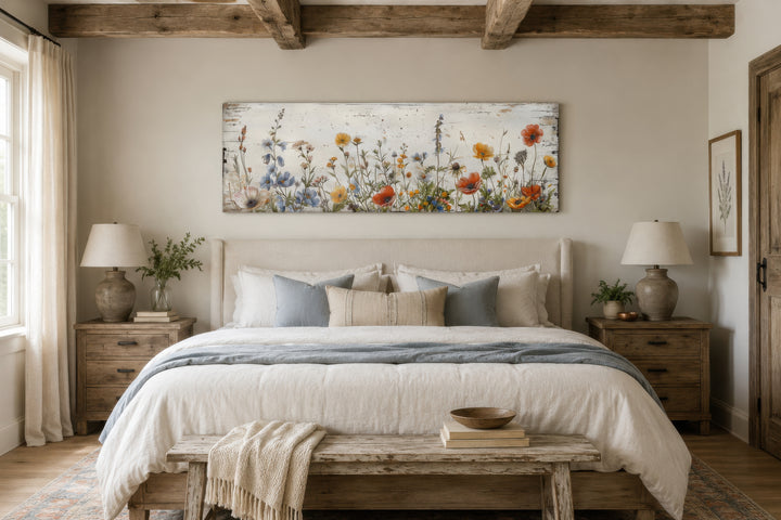 Long narrow farmhouse wall art featuring a colorful wildflower field over a rustic bed.