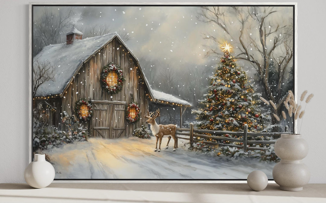 Rustic Christmas Barn with Reindeer And Christmas Tree Wall Art