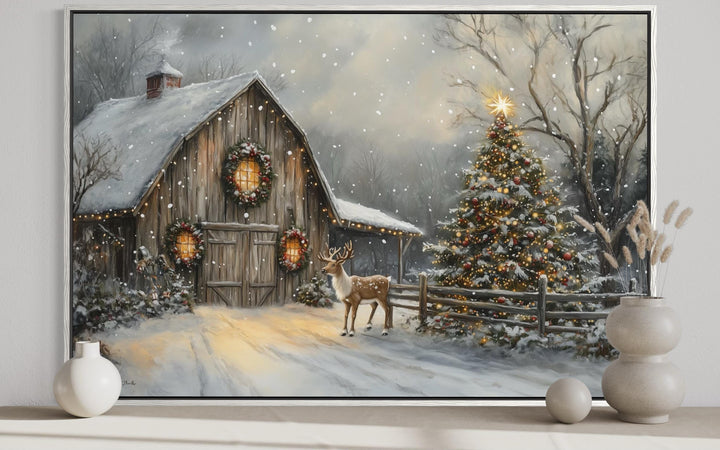 Rustic Christmas Barn with Reindeer And Christmas Tree Wall Art