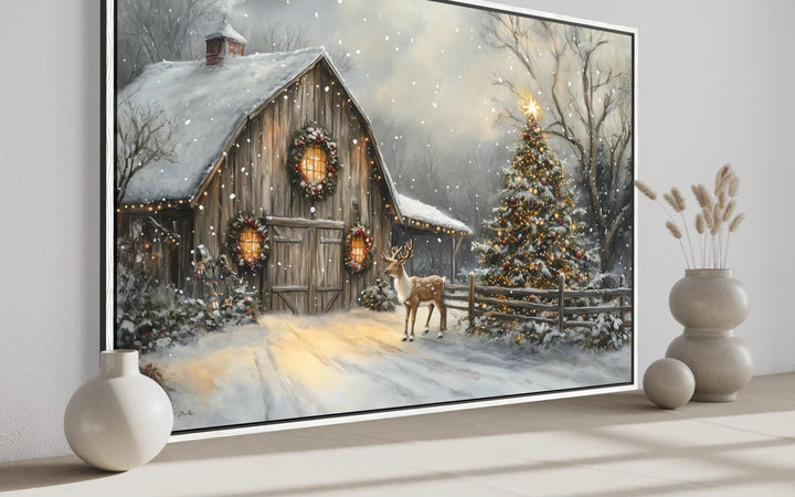 Rustic Christmas Barn with Reindeer And Christmas Tree Wall Art