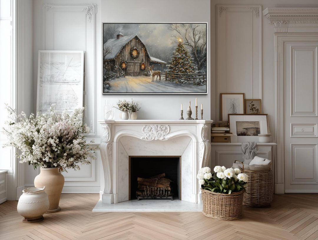 Rustic Christmas Barn with Reindeer And Christmas Tree Wall Art