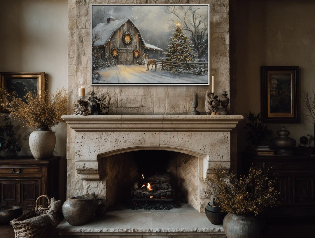 Rustic Christmas Barn with Reindeer And Christmas Tree Wall Art