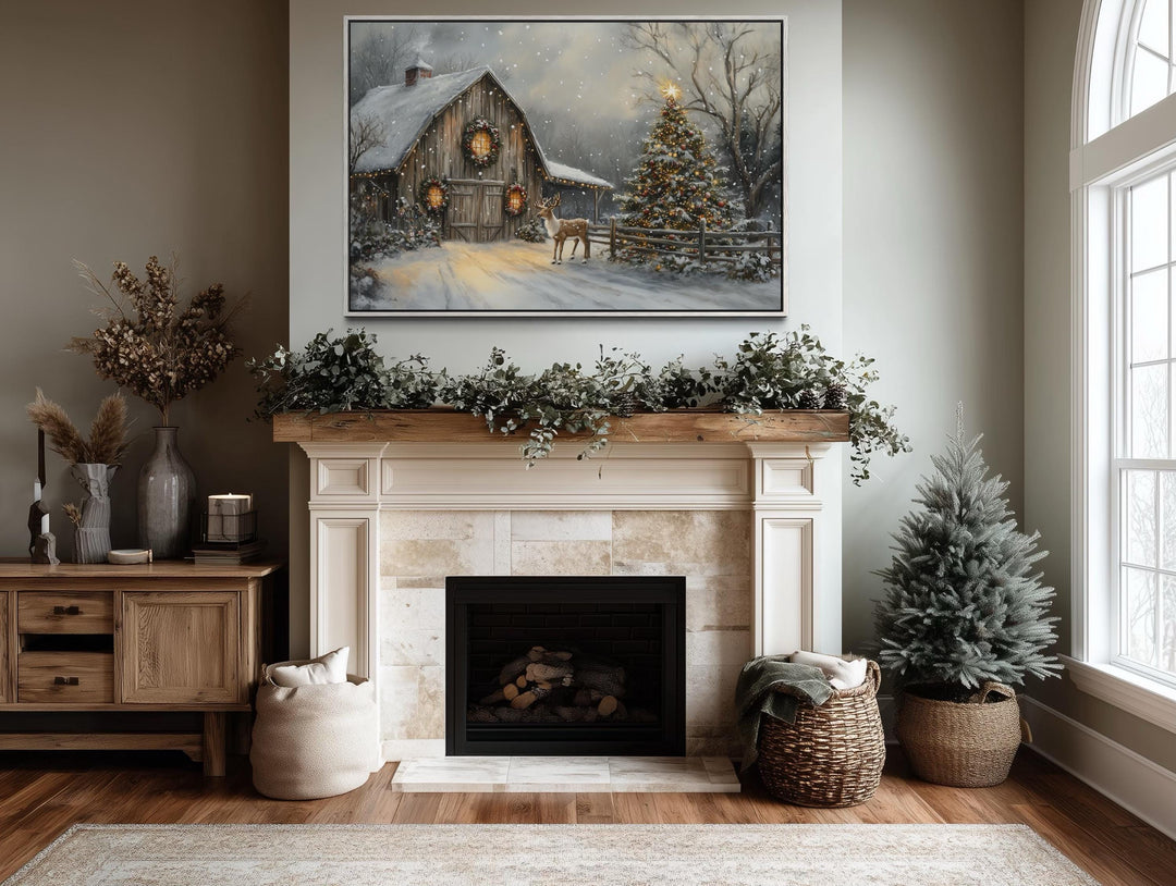 Rustic Christmas Barn with Reindeer And Christmas Tree Wall Art