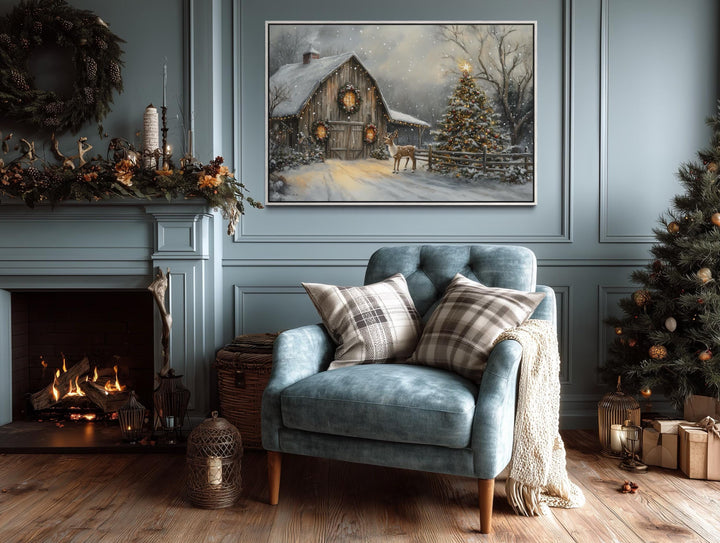 Rustic Christmas Barn with Reindeer And Christmas Tree Wall Art