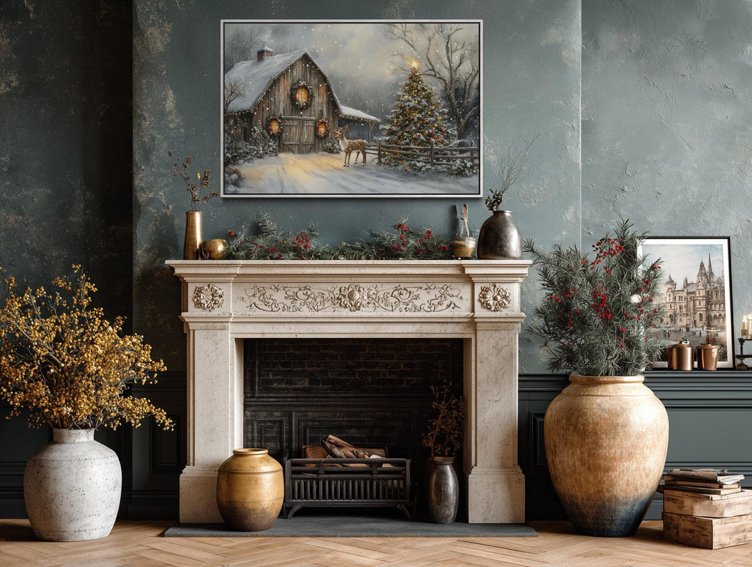 Rustic Christmas Barn with Reindeer And Christmas Tree Wall Art