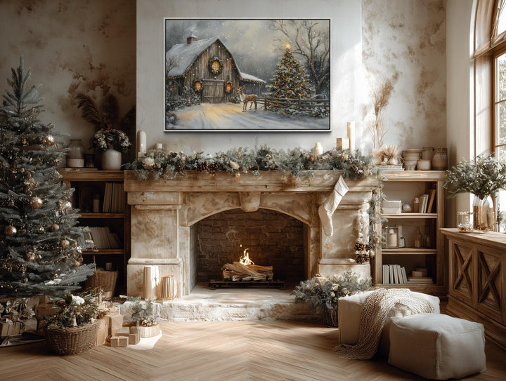 Rustic Christmas Barn with Reindeer And Christmas Tree Wall Art
