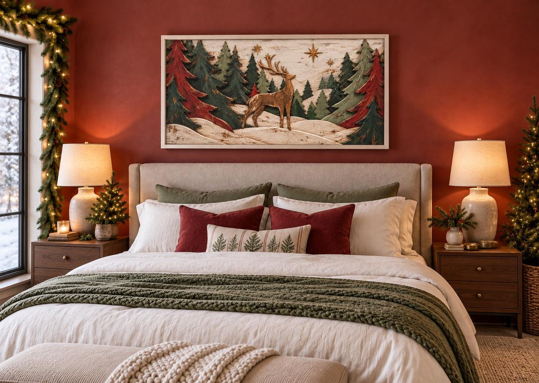 Rustic Christmas deer and evergreen tree framed canvas wall art hanging above a cozy bed.
