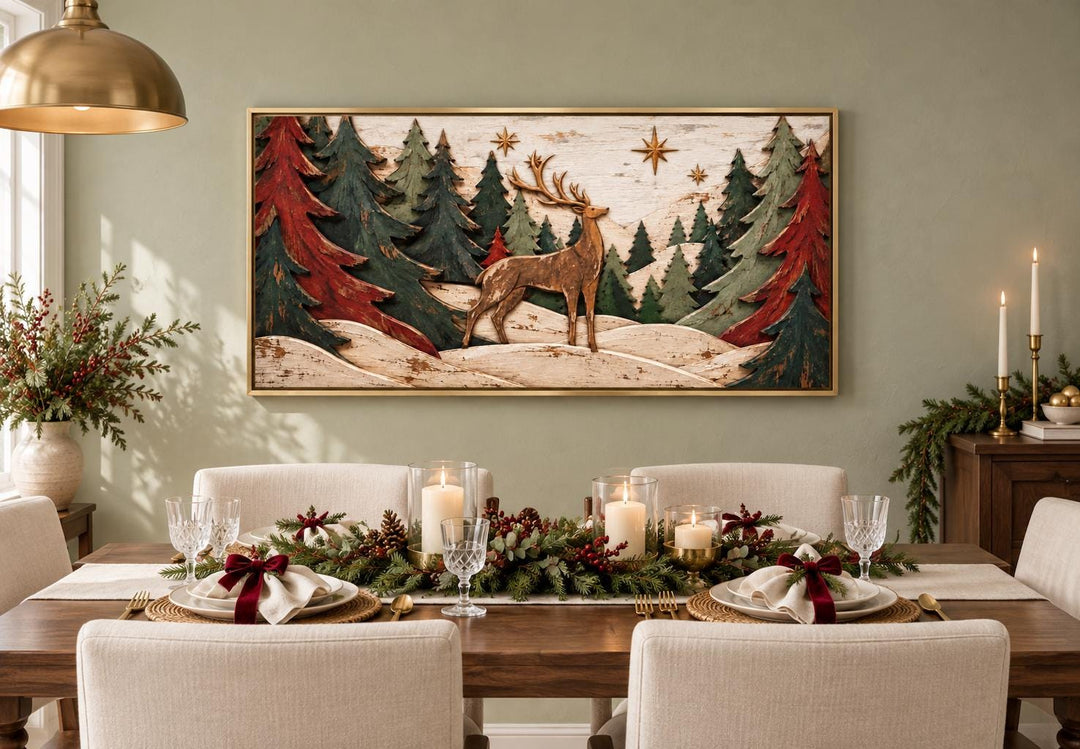 Rustic Christmas deer and evergreen trees framed canvas wall art above a decorated dining table.