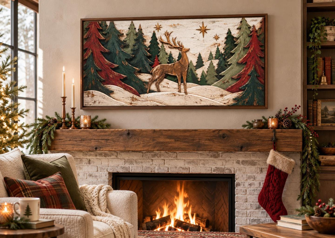 Rustic Christmas deer and evergreen trees framed canvas wall art above a cozy fireplace.