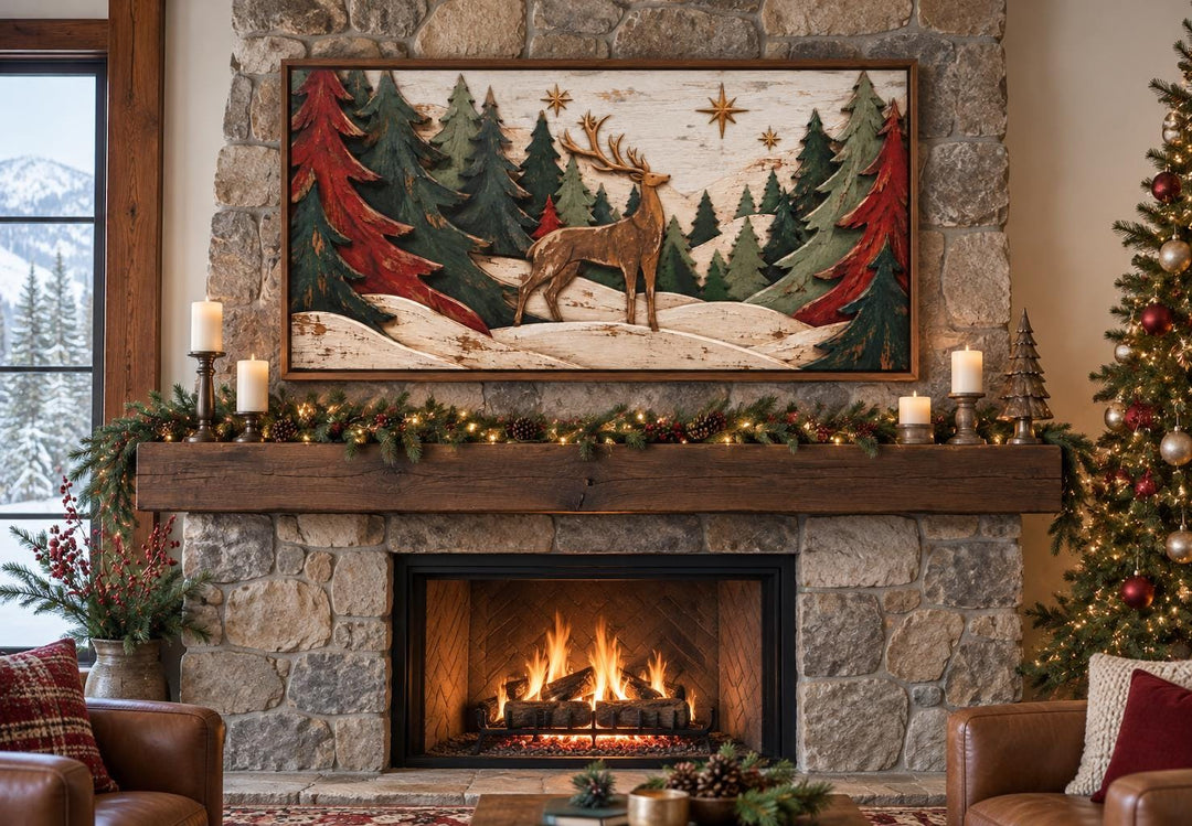 Rustic Christmas Deer with Red and Green Trees Framed Canvas Wall Art above a stone fireplace.