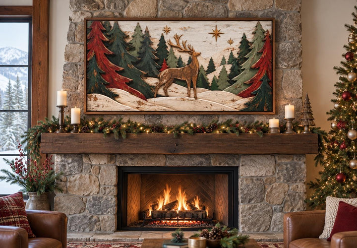 Rustic Christmas Deer with Red and Green Trees Framed Canvas Wall Art above a stone fireplace.
