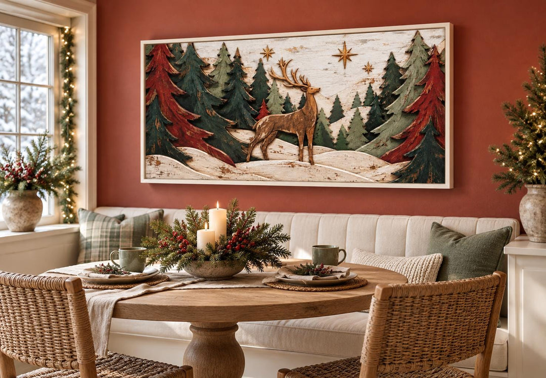 Rustic Christmas Deer with Red and Green Trees Framed Canvas Wall Art in a cozy dining room.