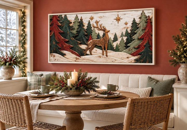 Rustic Christmas Deer with Red and Green Trees Framed Canvas Wall Art in a cozy dining room.