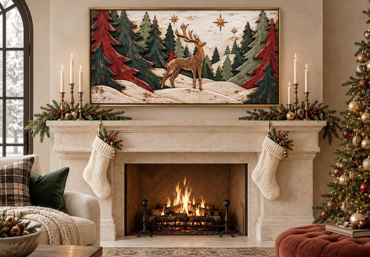 Rustic Christmas deer and trees framed canvas wall art hanging above a stone fireplace.