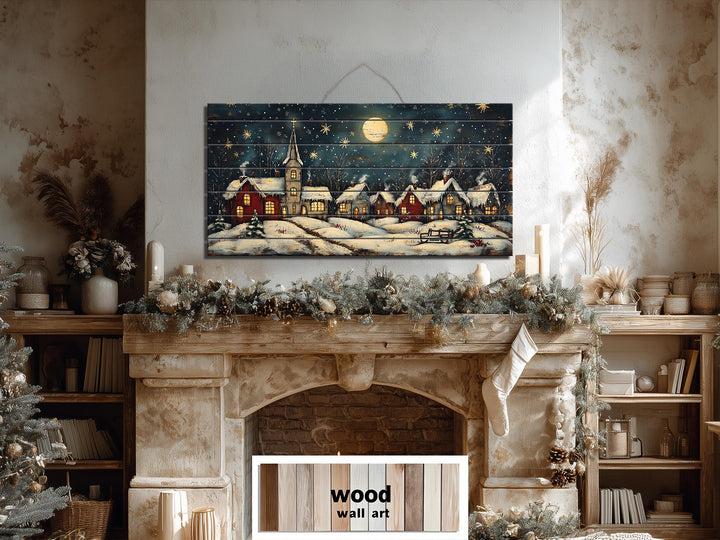 Rustic Christmas Moonlit Village Distressed Wood Wall Art