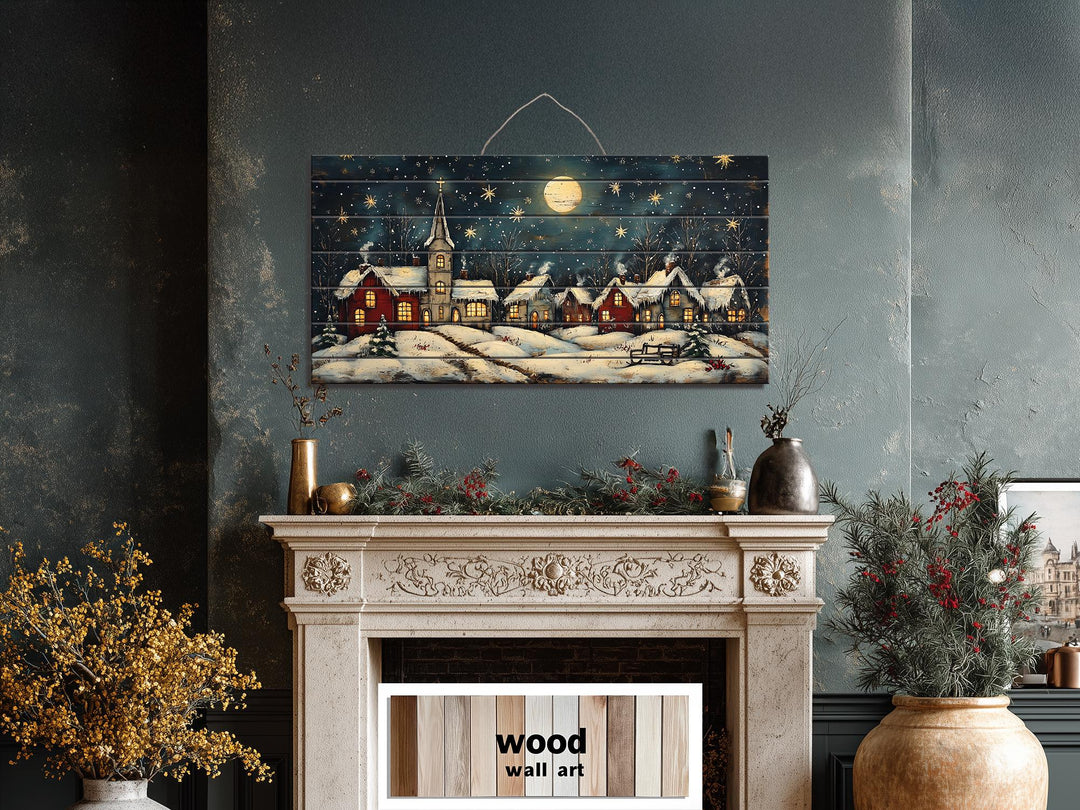 Rustic Christmas Moonlit Village Distressed Wood Wall Art