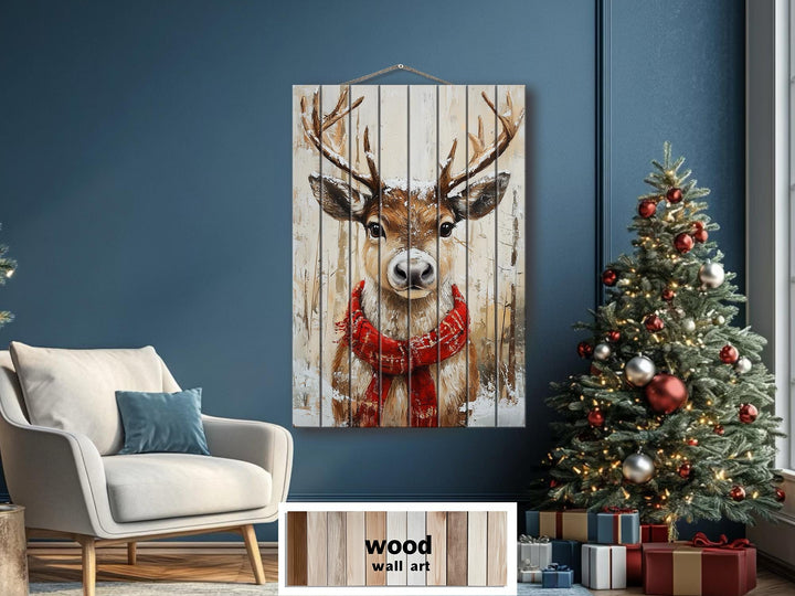 Rustic Christmas Reindeer Wall Art on Distressed Wood Wall Decor