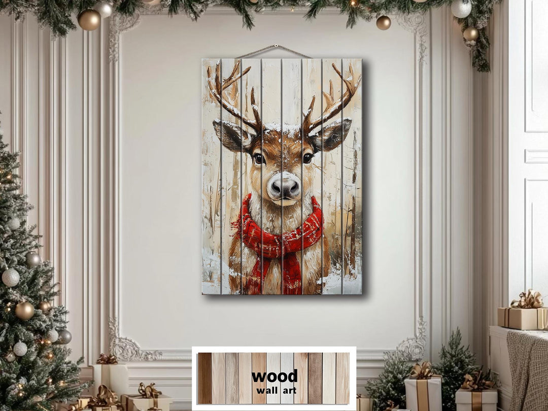 Rustic Christmas Reindeer Wall Art on Distressed Wood Wall Decor