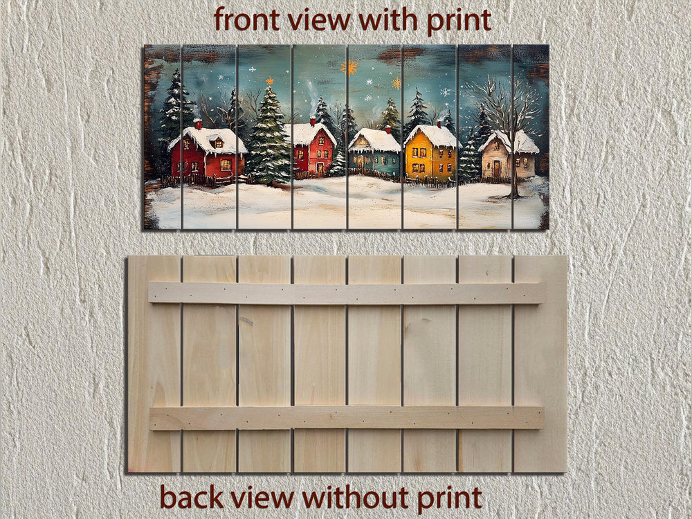 Rustic Christmas Winter Village Distressed Wood Wall Art