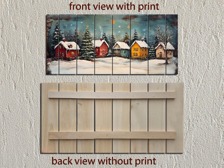 Rustic Christmas Winter Village Distressed Wood Wall Art