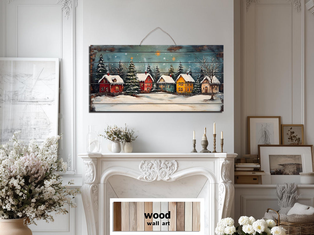 Rustic Christmas Winter Village Distressed Wood Wall Art