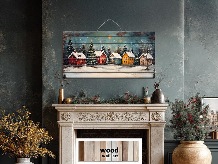 Rustic Christmas Winter Village Distressed Wood Wall Art