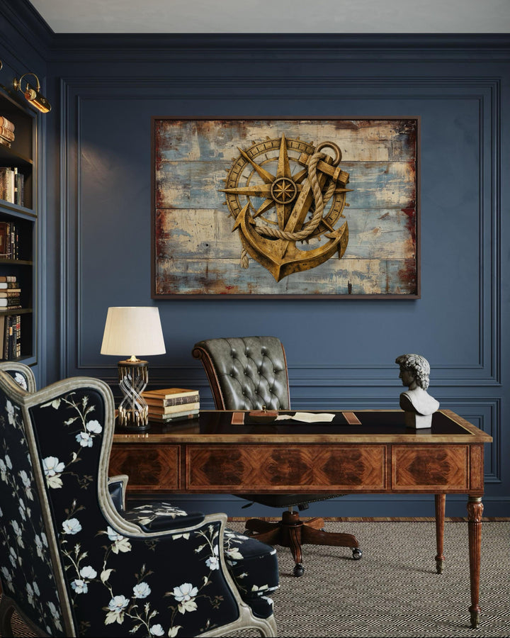 Rustic compass and anchor canvas wall art on weathered blue wood in a classic study.