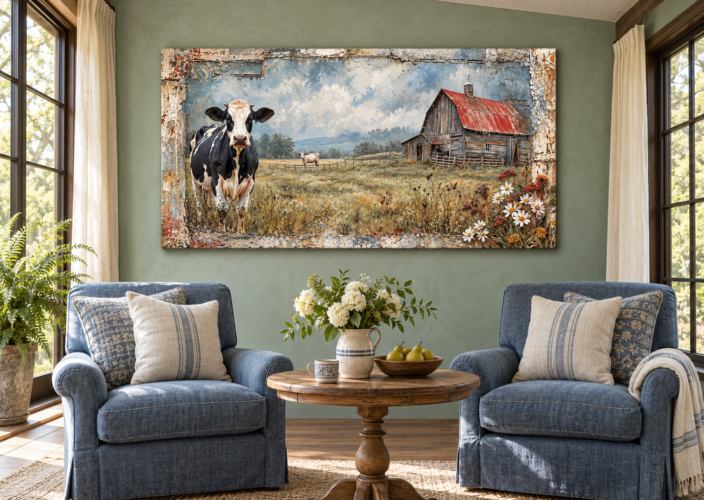 Rustic barn and cow canvas wall art displayed in a farmhouse sunroom above blue armchairs.