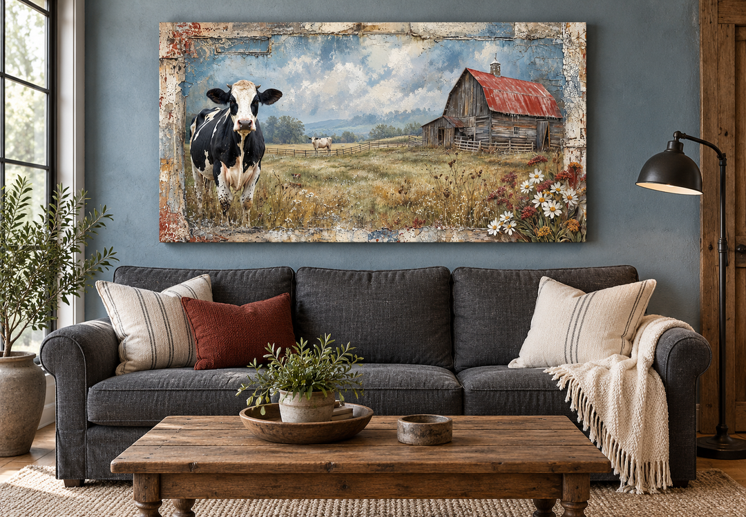 Rustic barn and cow painting on a farmhouse canvas wall decor above a dark grey sofa.