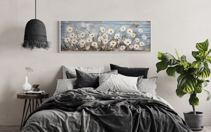 Rustic Daisies Painted on Wood Long Horizontal Wall Art