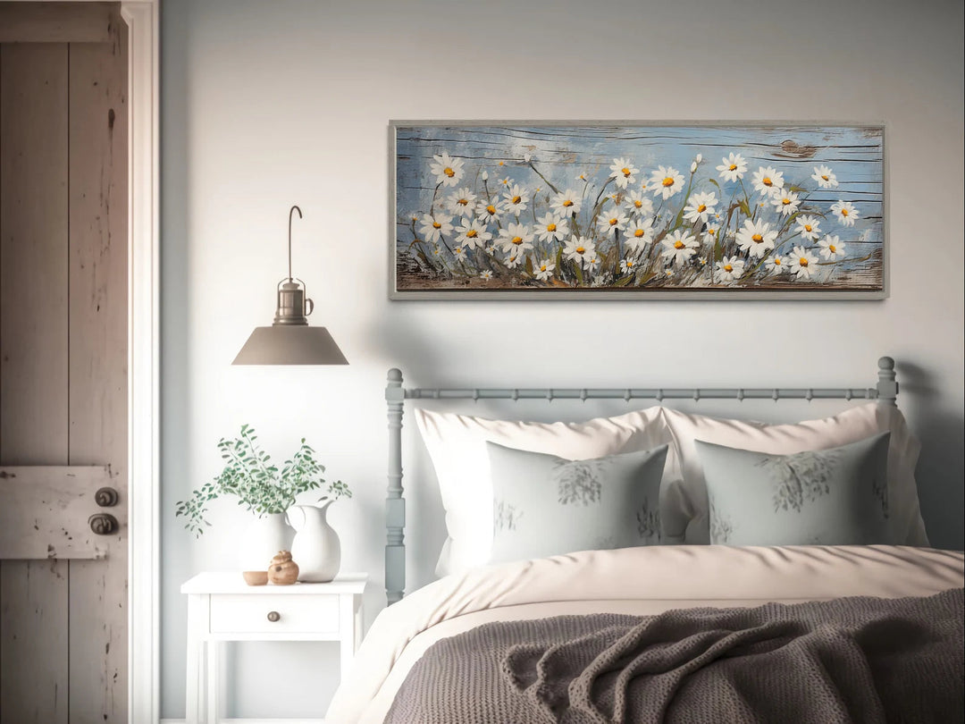 Rustic Daisies Painted on Wood Long Horizontal Wall Art