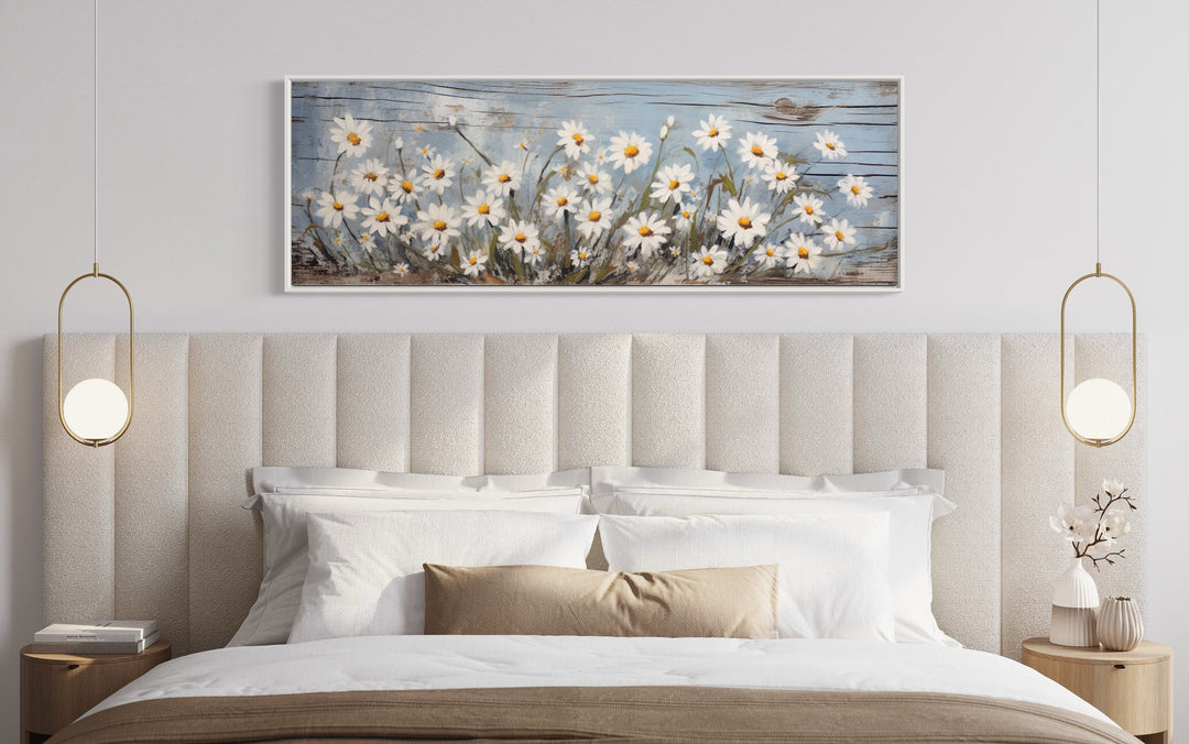 Rustic Daisies Painted on Wood Long Horizontal Wall Art