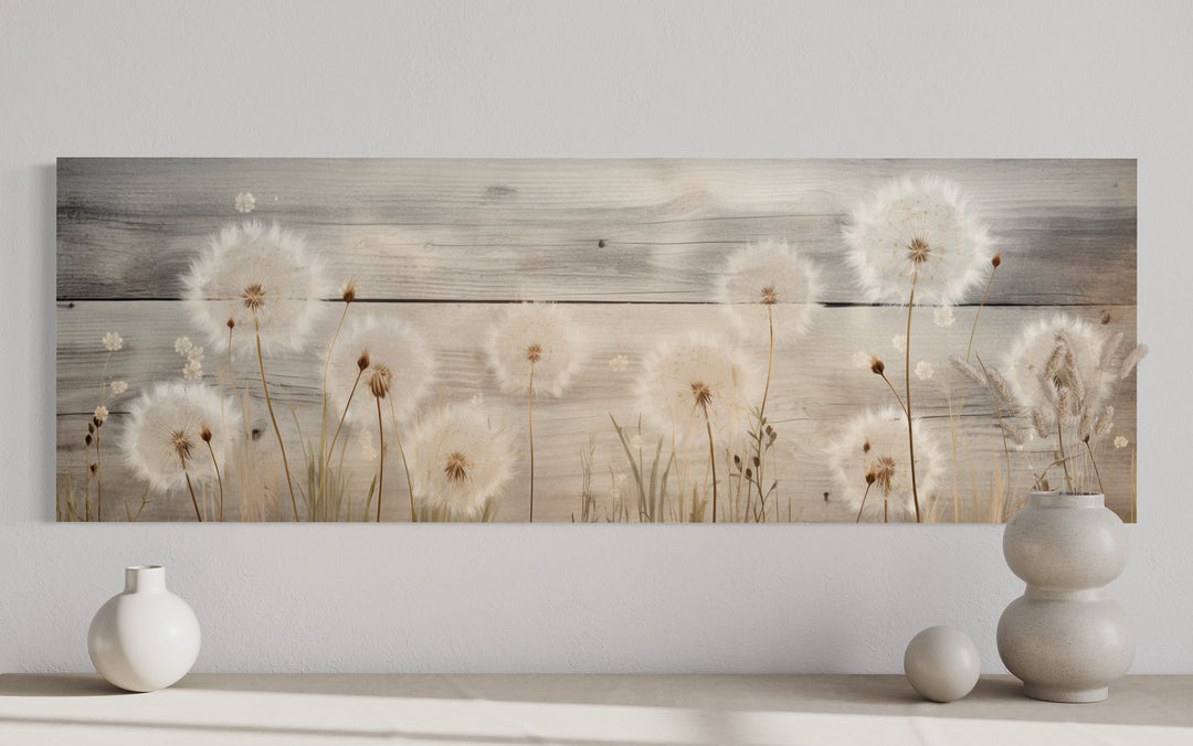 Rustic dandelion painting on wood texture, long horizontal wall art above a neutral console table.